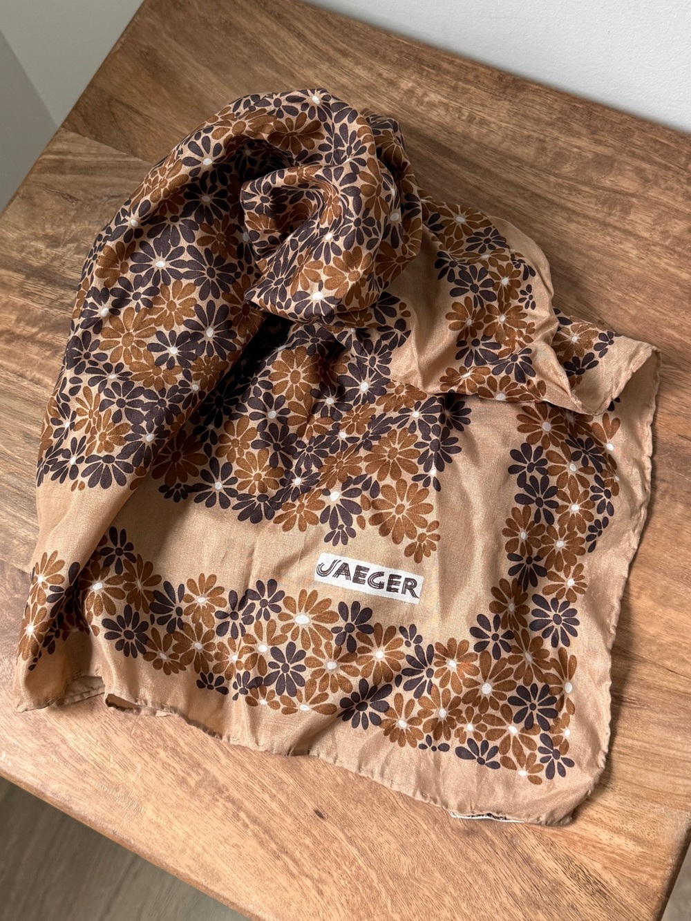 Vintage Jaeger London Silk Neutral Brown Cream Ditsy Daisy Floral Square Scarf